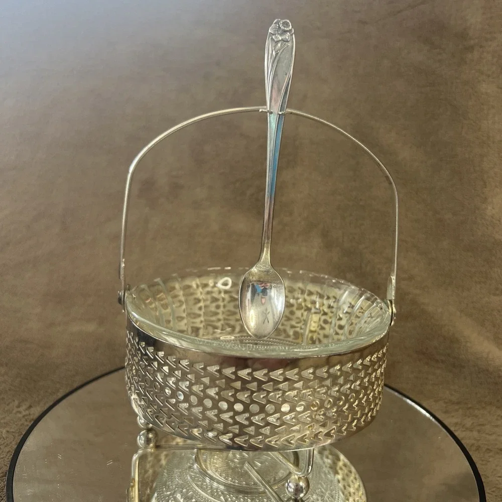 Vintage Glass Relish/Jelly Dish with Stand & 1847‎ Rogers Bros Daffodil Spoon